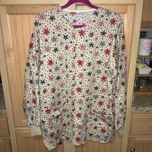 Women’s Patriotic Star Print Long Sleeve Scrub Jacket Preowned Size MEDIUM